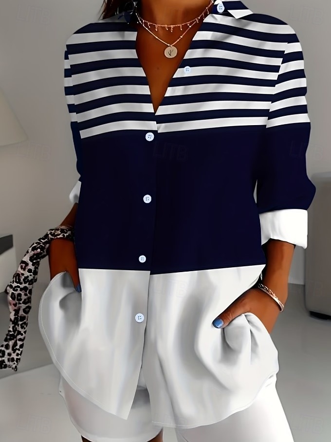 Dam Skjorta Blus Lappverk Knappar Mönster Grafisk Geometrisk Rutig Vintage Tropisk Dagligen Långärmad Tröjkrage Långa toppar Dagligen Blå Svart Rubinrött Marinblå Orange Sommar Vår 2026 - $32.99 –P1