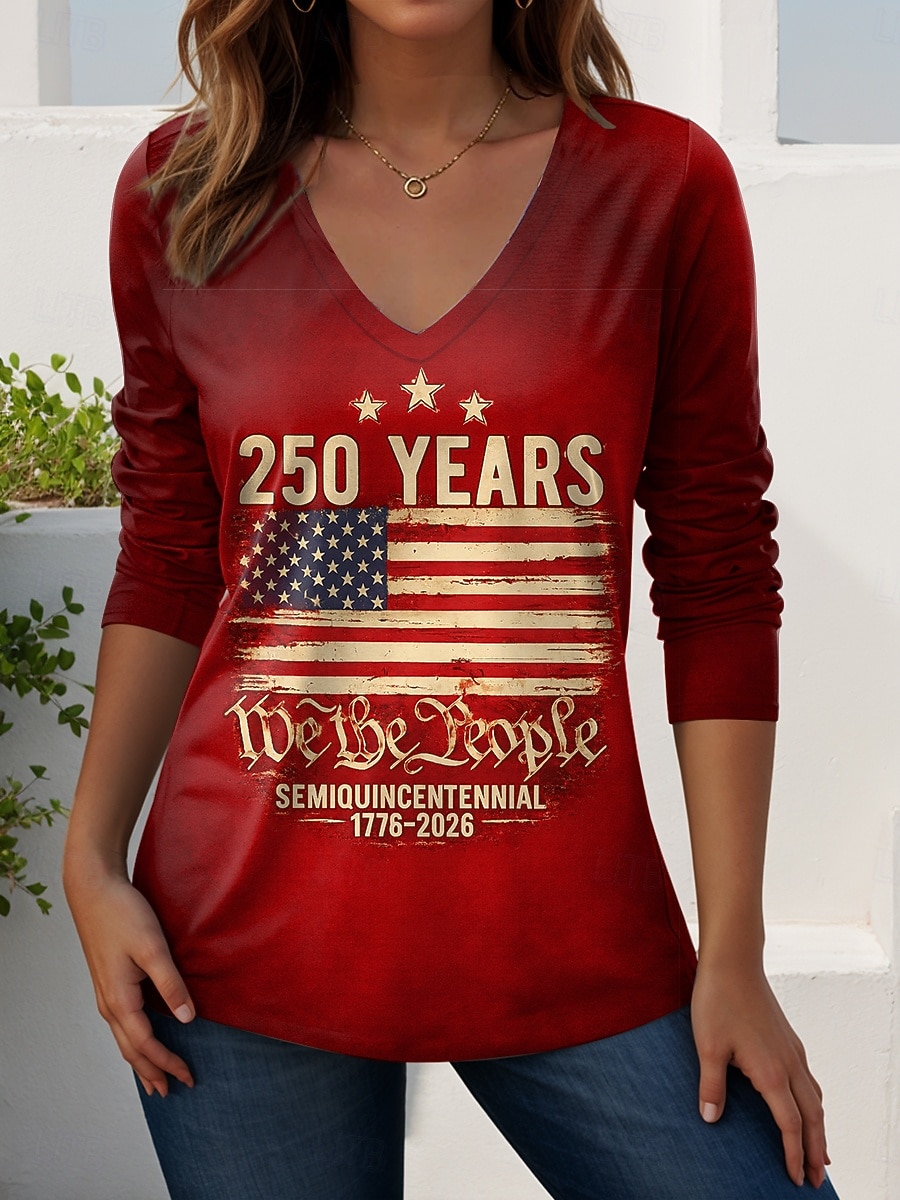 Ziua Independenței Americane Aniversarea de 250 de ani Tricou pentru Femei Patriotic Grafic Steagul American Vintage Elegant Casual Mâneci Lungi Gât în V Tops Regale de Zi cu Zi Weekend Albastru 2026 - $24.99 –P1