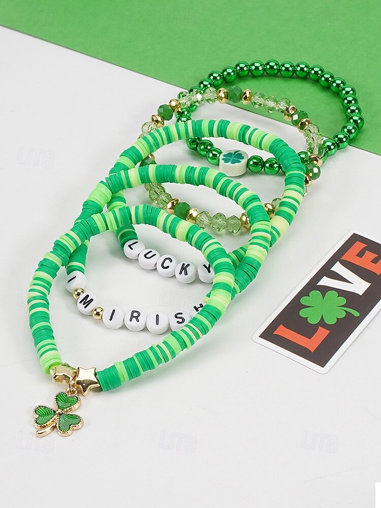 Set de brățări cu mărgele pentru femei de Ziua Sfântului Patrick, brățări cu pandantive din rășină și aliaj, bijuterii cu litere irlandeze cu trifoi în mai multe stiluri, perfecte pentru parade de sărbători, petreceri și ținute festive 2026 - $9.99 –P8