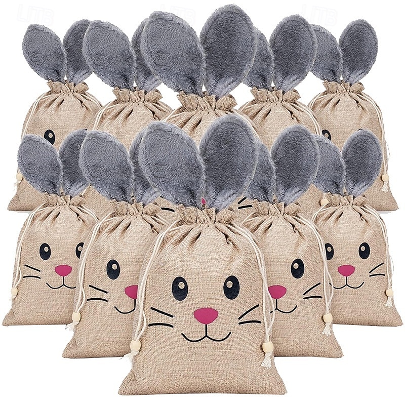 5/10 Pcs Easter Linen Drawstring Gift Bag, Burlap Bags with Fluffy Bunny Ears, Perfect for Holding Easter Eggs, Cookies, Chocolates, Bunny Party Favor Bags, Easter Candy Egg Hunt for Kids 2026 - $23.99 –P1