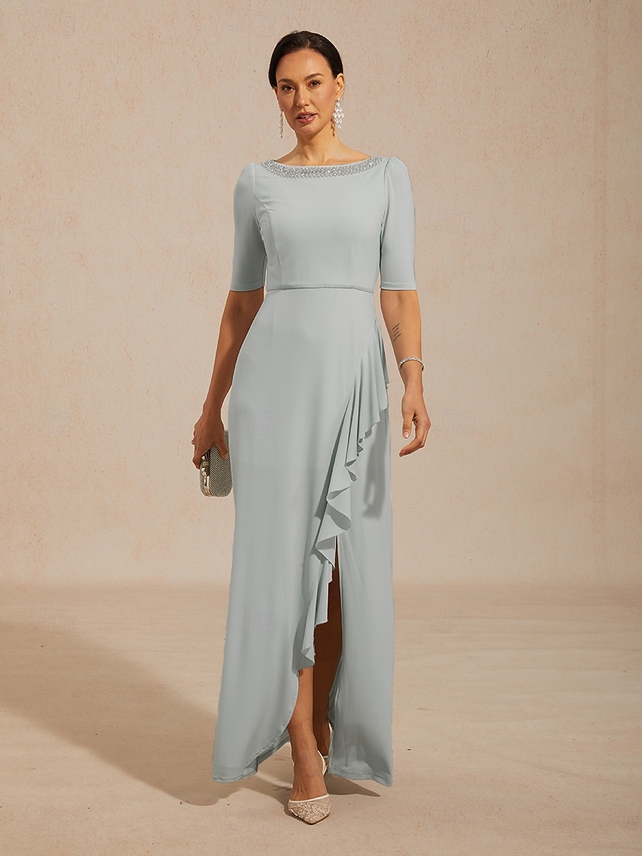 Pentru femei Rochie Maxi Rochie A line Elegant Serată Invitat la nunta Absolvire Zdrobit Impodobit Culoare solidă Manșon Jumate Stil Nautic Bateau Albastru Deschis 2026 - $159.99 –P7