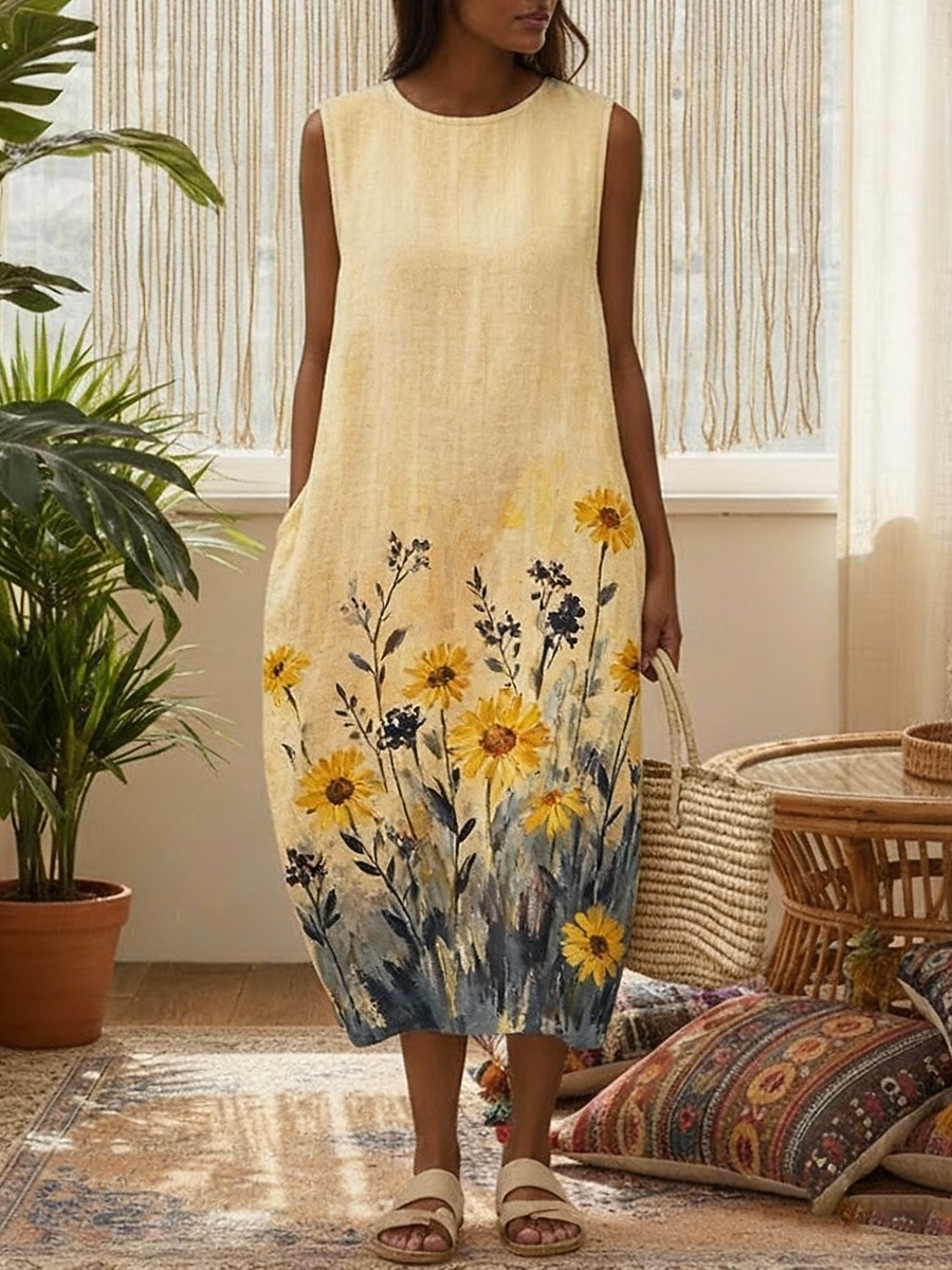 Per donna Abito Midi Finto cotone e lino Vestito Casual Vestito Estivo Abito a Tubino Vintage Quotidiano All'aperto Vacanza Vestibilità regolare Floreale Girasole Senza Maniche Girocollo Blu Giallo del 2026 a $37.99 –P1
