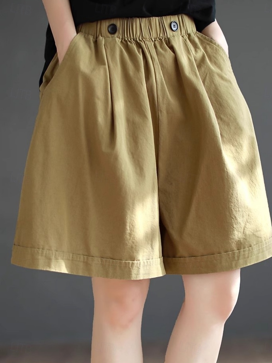 Dame Imitert bomullslin kinesisk Shorts Sommershorts Ferie Mote Gatemote Full lengde Høy Midje عادي Lomme Elastisk midje comfy Komfort Myk Elastisk utendørs Gate Aprikos Svart Grønn Kakifarget Sommer 2026 - $19.99 –P1