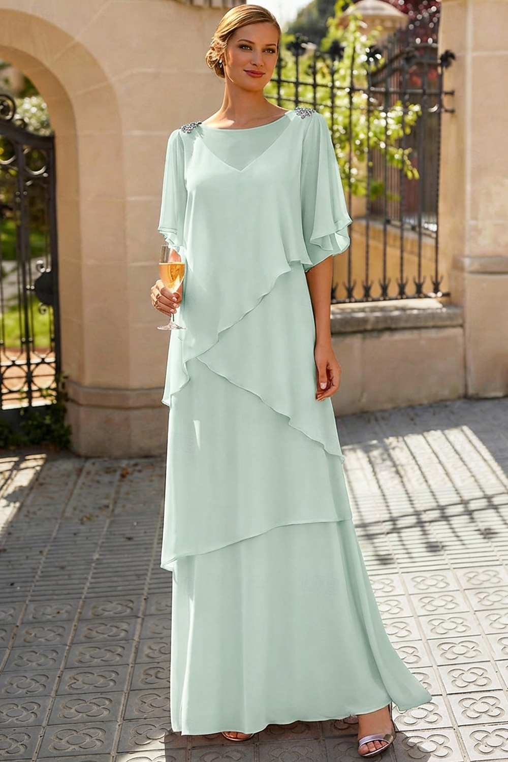 Linea ad A Lunghezza al pavimento Abito da invitata a nozze Abito Formale Abito a Strati Abito da cerimonia per signora Mezza Manica Scollo a Barca Elegante Formale Ospite di nozze Chiffon con Volant del 2026 a $183.99 –P10