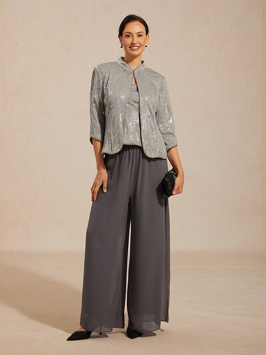 Femmes Chemisier Hauts Élégants Twin-set Paillettes Plume Élégant Manche 3/4 Col mandarin Hauts Réguliers Soirée Tenue formelle Gris Printemps Automne Hiver de 2026 ? $72.99 –P4