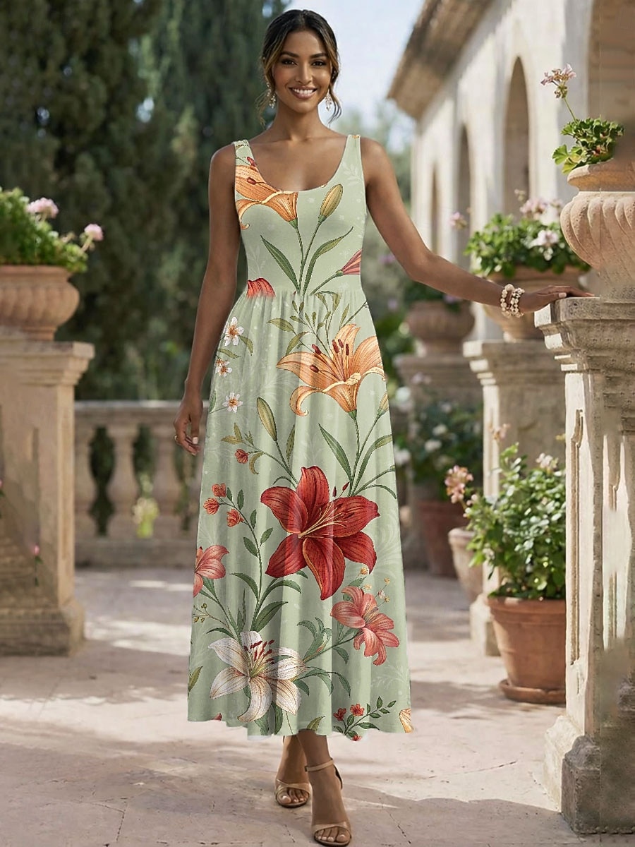 Damen Midikleid Sommerkleid A Linie Kleid Unterkleid Faltenkleid Urlaub Lässig Boho Strand Date Normale Passform Blumen Grafik Ärmellos U-Ausschnitt Rundausschnitt Rosa Rote Grün Beige Sommer Frühling 2026 - $33.99 –P4