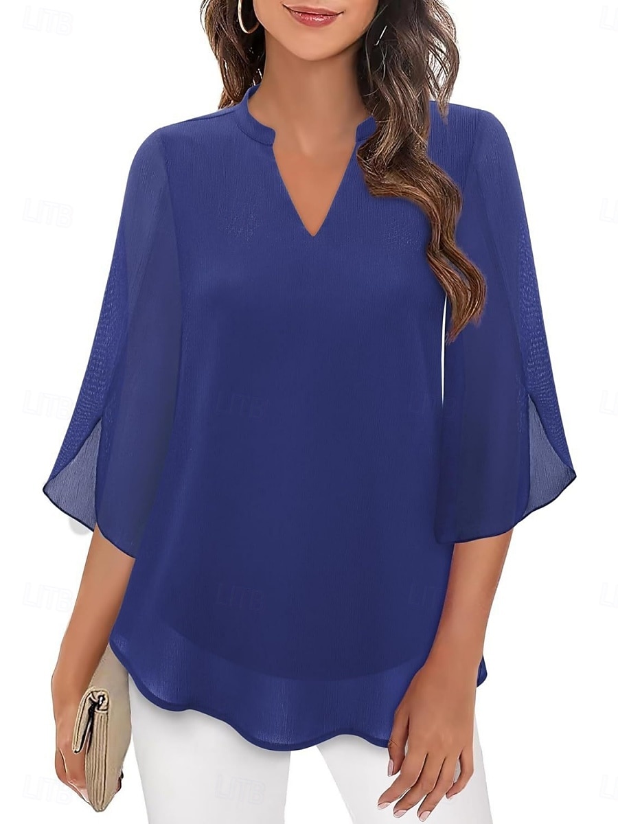 Women's Blouse Solid Color Elegant Stylish Casual 3/4 Length Sleeve V Neck Regular Tops Daily Pink Wine Red Royal Blue Green Summer Spring 2026 - $21.99 –P2