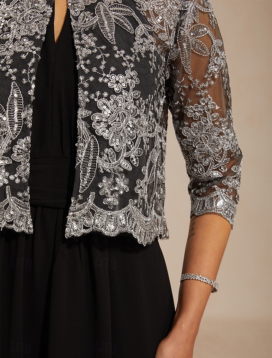Women's Bolero Jacket Lace up Sequins Embroidered Floral Elegant 3/4 Length Sleeve Crew Neck Regular Tops Wedding Guest Cocktail Attire Black Summer Spring Fall 2026 - $67.99 –P4