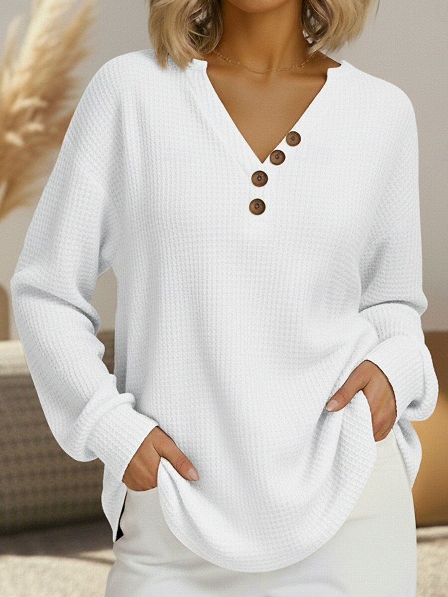 Dam Texturblus Våffelskjorta Våffel T-shirt Blus Knappar Slät Stylish Klassisk Modern Långärmad V-hals Vanliga toppar Dagligen Helgdag Utekväll Svart Vit Rubinrött Marinblå Vår Höst 2026 - $27.99 –P2
