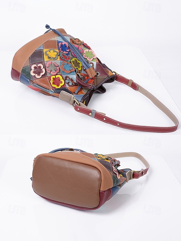 női bohém bőr vödörtáska, többszínű virágmintával, sokoldalú viselet, állítható vállpántok, tökéletes a mindennapi használatra 2026 - $54.99 –P7
