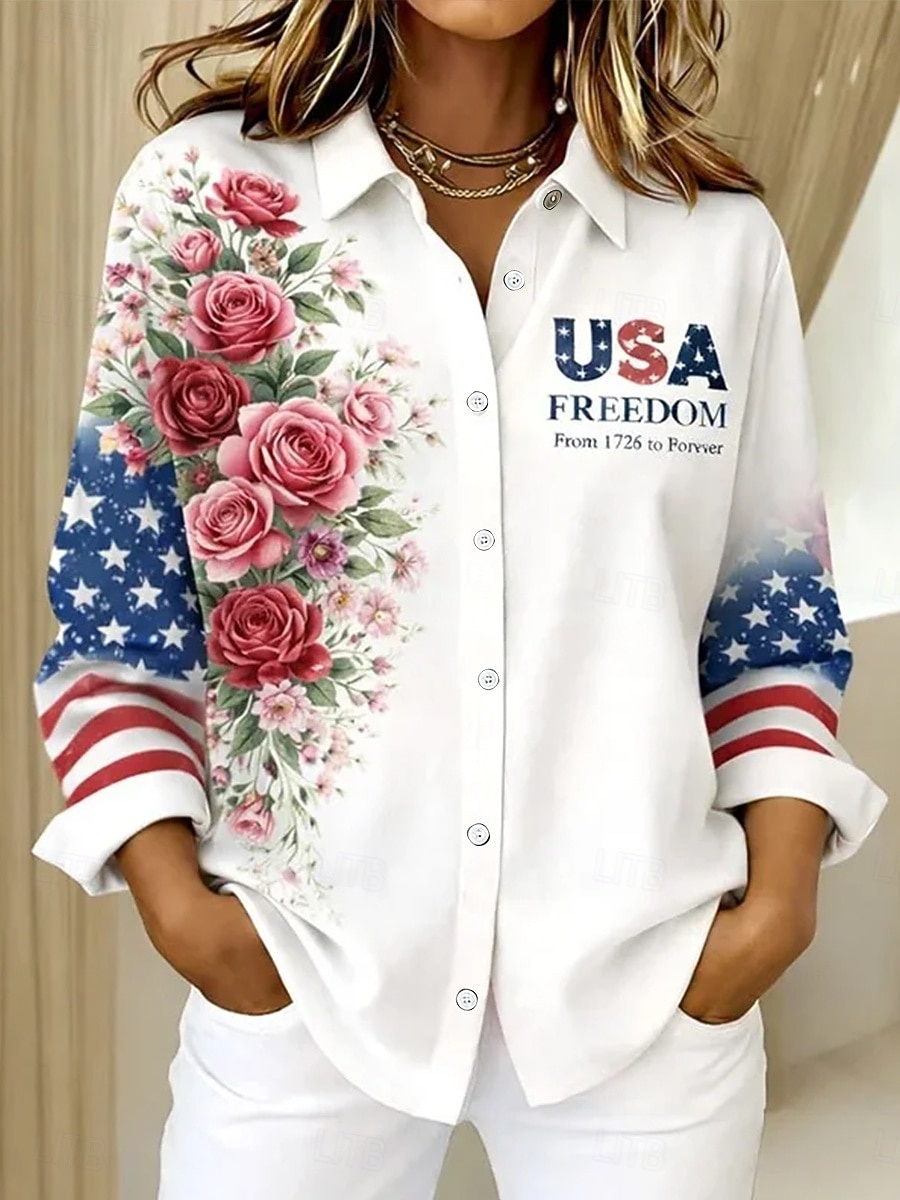 Ziua Independenței Americane Tricou pentru Femei Cu Butoni Print Grafic Aniversarea Americii Vintage Elegant Modern Manșon Lung Cămașă Guler Lung Regular Bluie Alb Vară Primăvară 2026 - $32.99 –P1