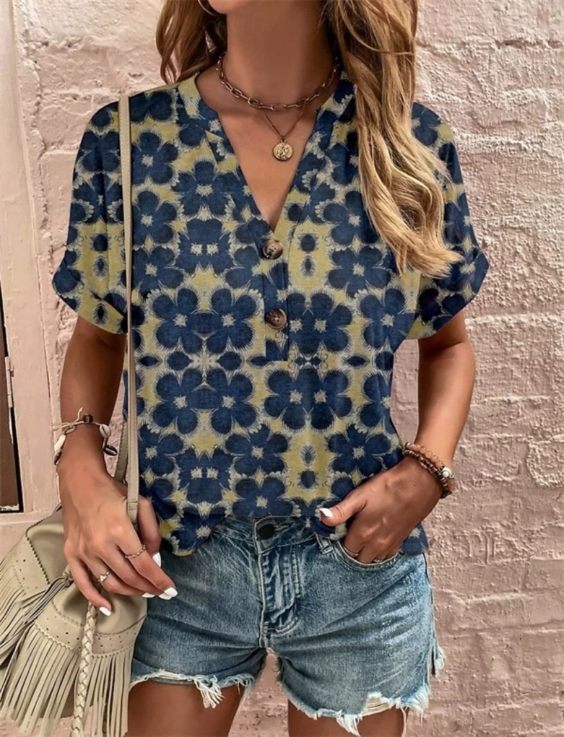 Women's T Shirt Tee Top Buttons Print Floral Graphic Bohemia Vintage Stylish Short Sleeve V Neck Long Tops Daily Going out Weekend Blue Wine Red Navy Blue Summer Spring 2026 - $21.99 –P1