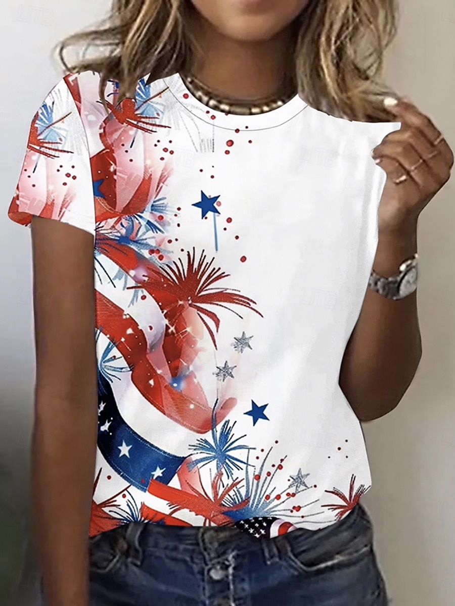 American Independence Day Women's T Shirt Print Graphic Flag Stylish Classic Casual Short Sleeve Crew Neck Round Neck Regular Tops Daily White Red Red / Blue Summer Spring 2026 - $22.99 –P2