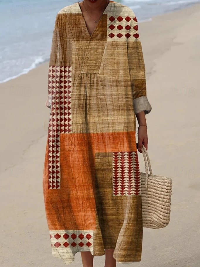 Women's Maxi Dress Sundress Shift Dress Vacation Casual Beach Going out Loose Fit Graphic Geometric Abstract Long Sleeve V Neck Blue Brown Khaki Summer Spring 2026 - $37.99 –P2
