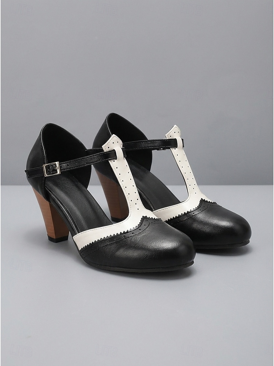 Damesko i burgunder og hvitt med t-stropper – elegante retro pumps med mellomhøy hæl og tofarget tilskuerdesign til brudens mor, innendørs kirkeseremonier og formelle mottakelser 2026 - $59.99 –P3