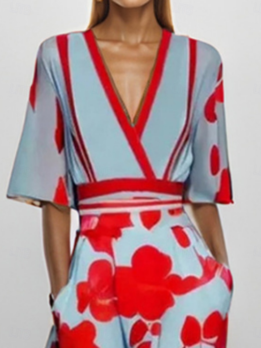 Damskie Sukienka midi Codzienne sukienki Sukienka w kwiatki Elegancja Moda Nowoczesny Na zewnątrz Urlop Wyjściowe Regularny Kwiaty Rękaw 1/2 W serek Biały Czerwony Lato Wiosna 2026 - $39.99 –P5