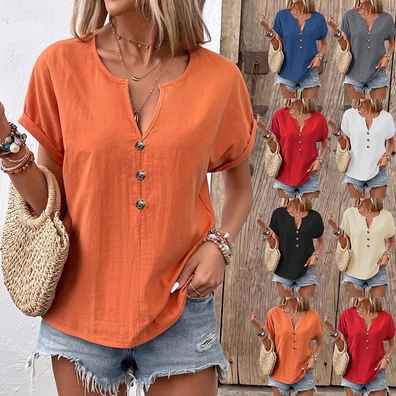 Mujer Camiseta Camiseta superior Botones del pecho Plano Moda Elegante Clásico Manga Corta Escote en Pico Tops regulares Diario Noche Fin de semana Negro Blanco Rojo Azul Marino Naranja Verano 2026 - $21.99 –P1