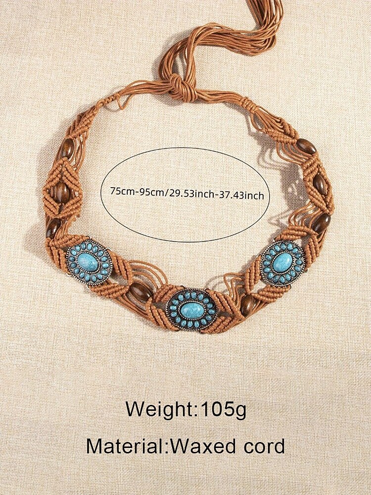 Women's Bohemian Wax Cord Belt with Turquoise Stone Accents, Adjustable Braided Waist Belt, Multi-Color Vintage Style Accessory for Women, Perfect for Daily Casual, Vacation, Beach & Resort Wear 2026 - $11.99 –P11