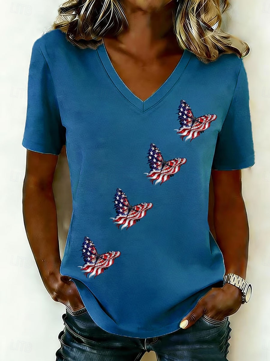 T-shirt patriottica da donna per il Giorno dell'Indipendenza Stampa Grafica Bandiera Farfalla Vintage Stile Classico Manica Corta Collo a V Top Regolari Quotidiani Blu Bianco Rosso Khaki Estate del 2026 a $21.99 –P4