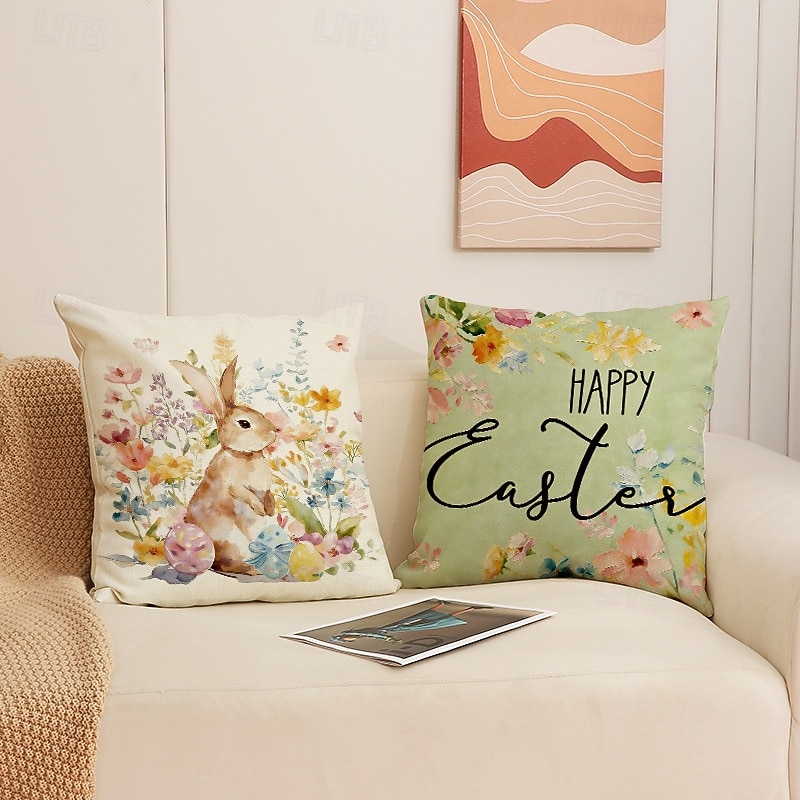 Sada 4 lněných prodyšných povlaků na polštáře s potiskem velikonočních zajíčků, jarní domácí dekorativní povlaky na polštáře na pohovku 2026 - $16.99 –P2