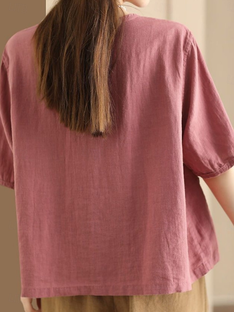 Women's Blouse Faux Linen Shirt Pocket Buttons Solid Color Daily Casual Half Sleeve Crew Neck Regular Tops Daily Black White Pink Brown Green Summer Spring 2026 - $21.99 –P8