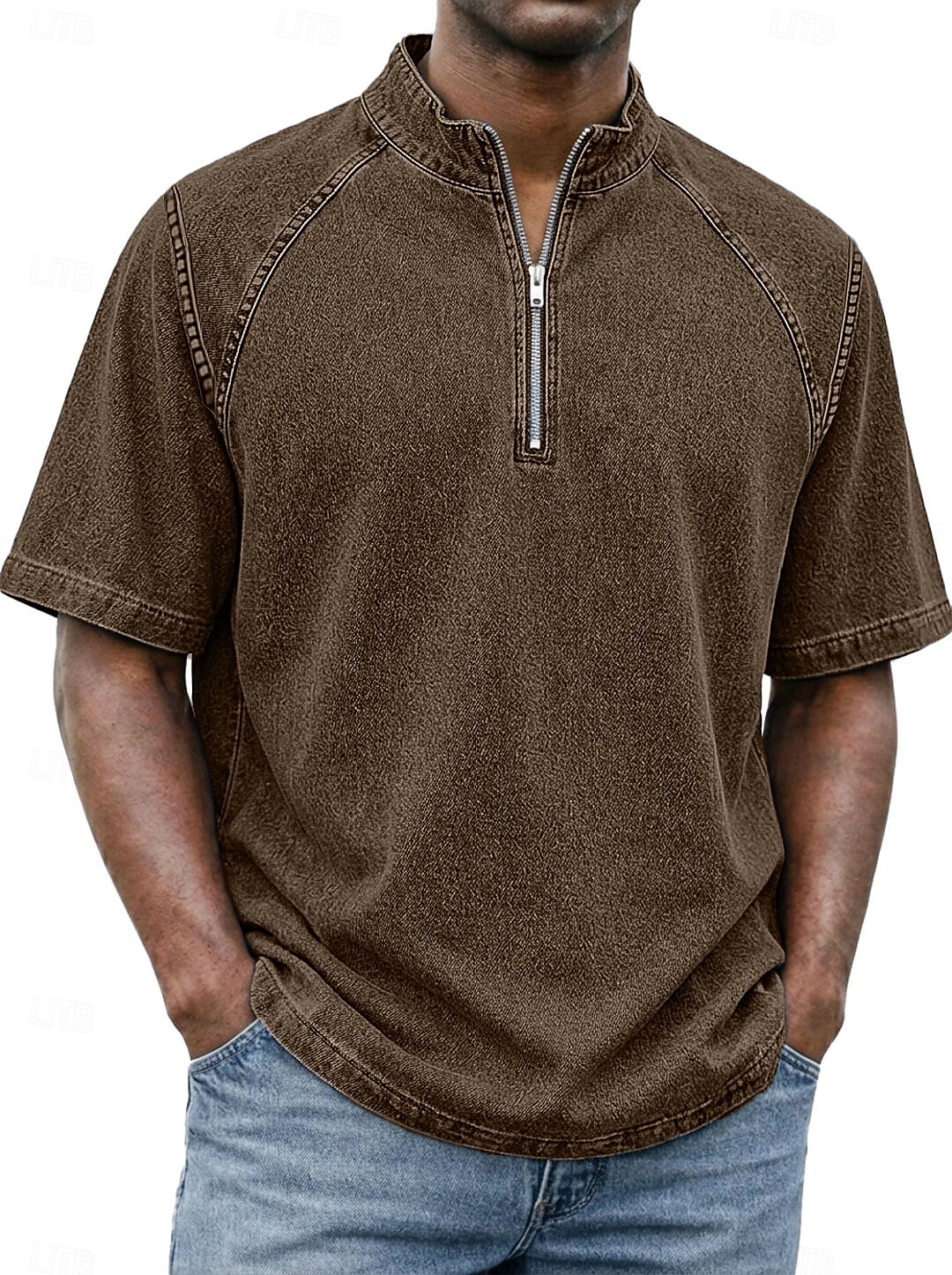SoftFade™ Pánská košile 100% bavlna s kyselinovým praním tričko krátký rukáv stojáček léto jaro jednobarevný texturovaný vintage streetwear ležérní zipová vybledlá základní ležérní domácí ulice 2026 - $32.99 –P10