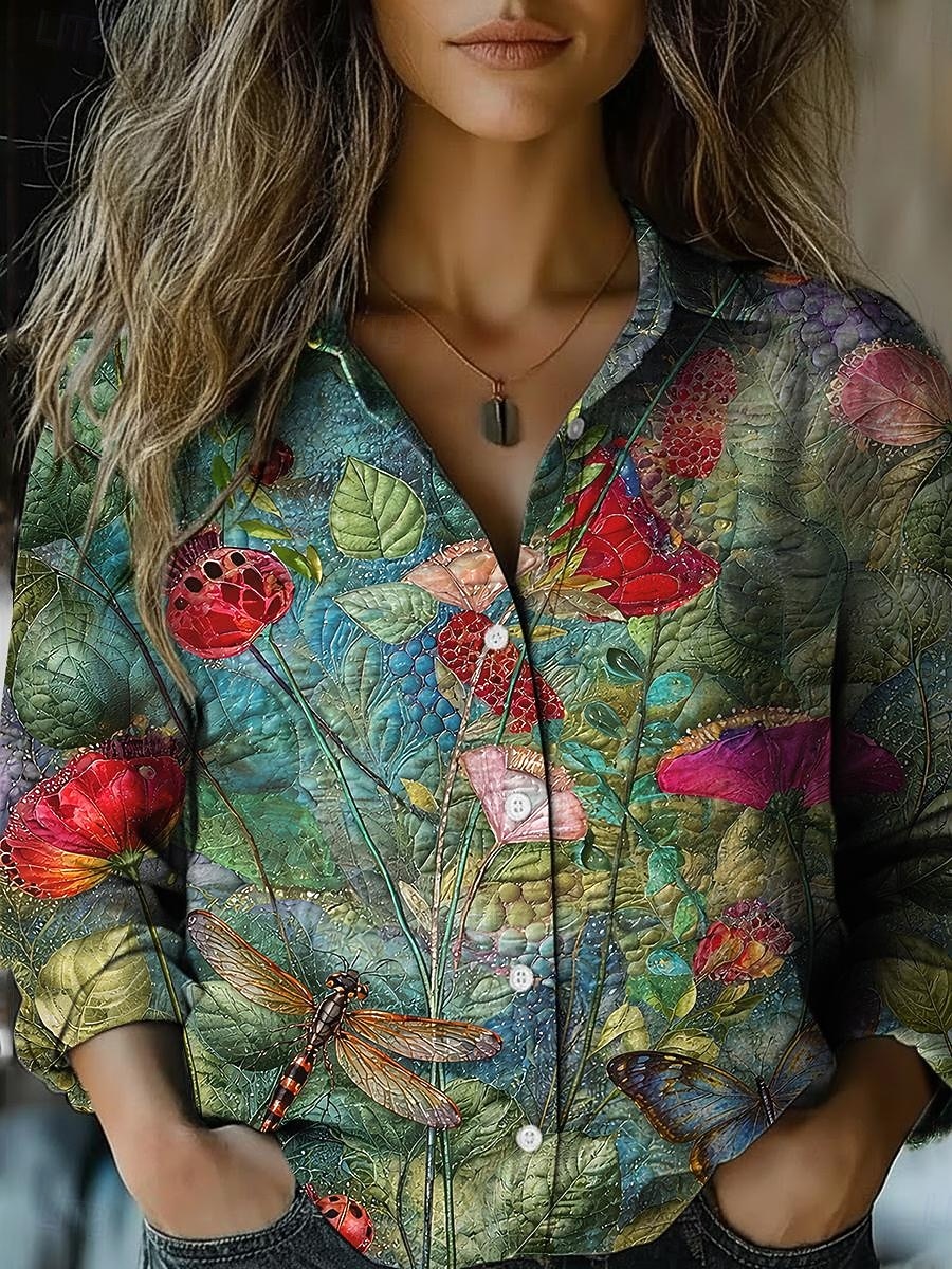 Жен. Рубашка Искусственный хлопок и лен Пуговицы С принтом Загар и защита от солнца Богемия Винтаж Стиль Длинный рукав Рубашечный воротник Обычные топы Повседневные Праздники 2026 - $35.99 –P9