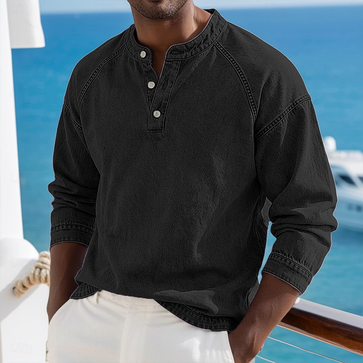 Voor heren T-shirt Henley-shirt Overhemd van 100% katoen met zure wassing Lange mouw Effen Effen kleur Vintage Streetwear Casual Kledingstuk geverfd Bleek Puur Opstaand Henley Casual Huis Straat 2026 - $33.99 –P18