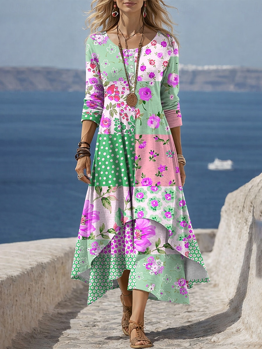 Women's Midi Dress Shift Dress Casual Daily Holiday Regular Fit Floral Graphic Long Sleeve Crew Neck Blue Pink Green Summer Spring 2026 - $48.99 –P3