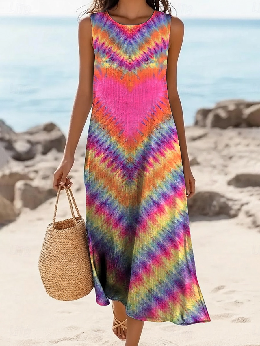 Women's Midi Dress Faux Cotton Linen Shift Dress Sundress Casual Dress Vintage Daily Outdoor Beach Regular Fit Heart Color Block Sleeveless Crew Neck Fuchsia Summer Spring 2026 - $37.99 –P1