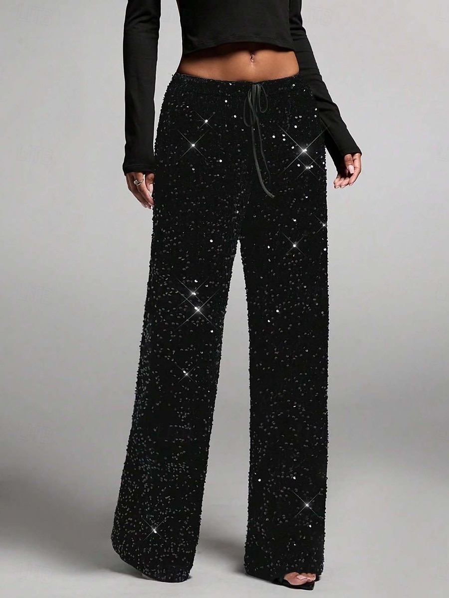 Mulheres Calças Calça casual Reto Moda Roupa de rua Básico Comprimento total Cintura Alta Tecido Paetês Bolsos Cintura elástica Confortável Micro-Elástica Diário Férias Festa Preto Azul Marinha Azul de 2026 por $44.99 –P8