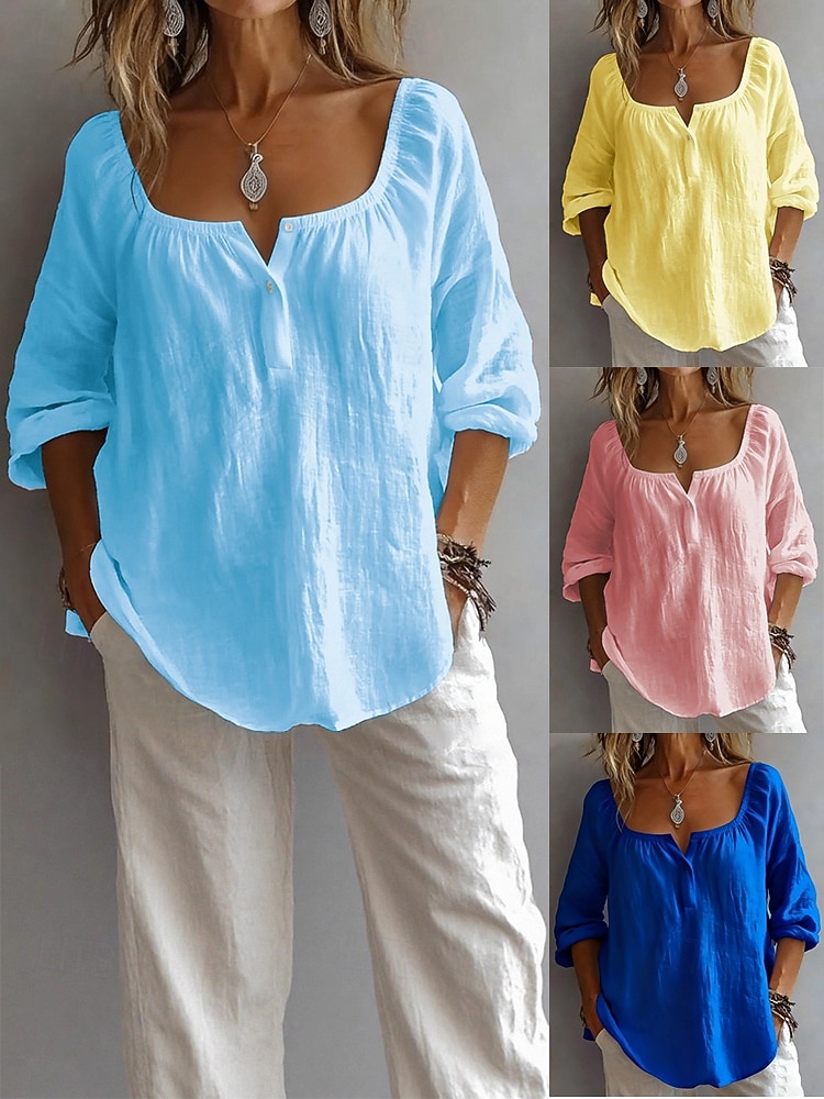 Pentru femei Cămașă Bluză In din bumbac artificial Zdrobit Culoare solidă Zilnic Stilat Casual Manșon Lung Pătrat Topuri obișnuite Zilnic Albastru piscină Galben Roz Îmbujorat Albastru celest Var 2026 - $21.99 –P1