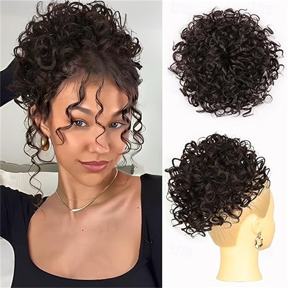 Nedbalý drdol pro ženy, 25 cm kudrnatý drdol, volné vlny, syntetické prodloužení vlasů, elastický stahovací drdol se šňůrkou pro každodenní použití (černý) 25 cm 2026 - $23.99 –P2