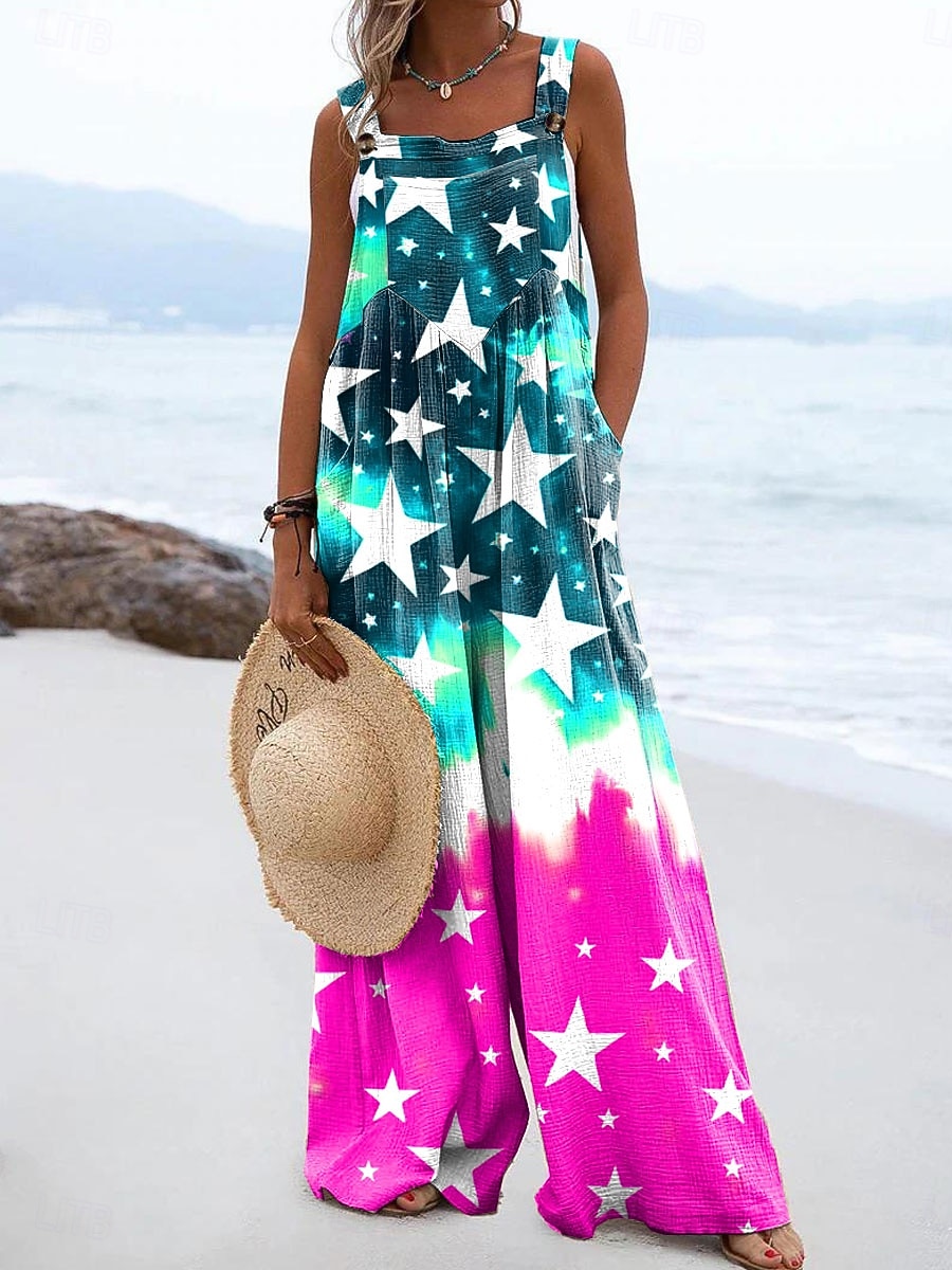 Unabhängigkeitstag Patriotic Damen Latzhosen Aktiv Floral Ärmellos Ärmellos Weite Beine Quadrat-Ausschnitt Pocket Knöpfe Täglich Strand Lockere Passform Rot Lila Orange Sommer 2026 - $43.99 –P2
