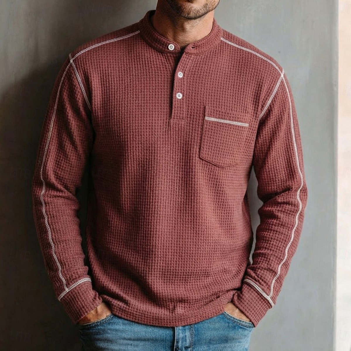 Hombre Camiseta con diseño de gofre Camiseta Camisa henley gofrada Manga Larga Henley Primavera Todas las Temporadas Color sólido Casual Bolsillos Casual Hogar Exterior Rojo Camiseta superior para 2026 - $22.99 –P6