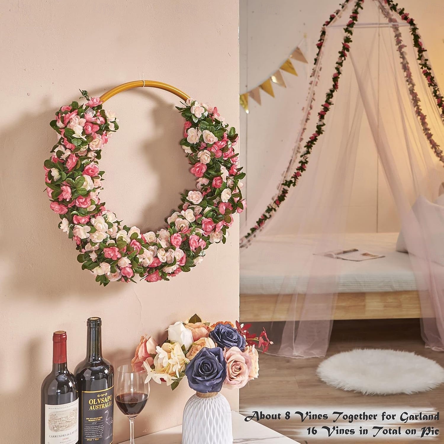 8 stuks x 2,5 meter bloemenslinger van kunstmatige rozen met groene bladeren, hangende neprozenslinger voor kamer, feest, huis, bruiloft, verjaardag, kerst, muur, boogdecoratie, lente roze bloemen 2026 - $29.99 –P9