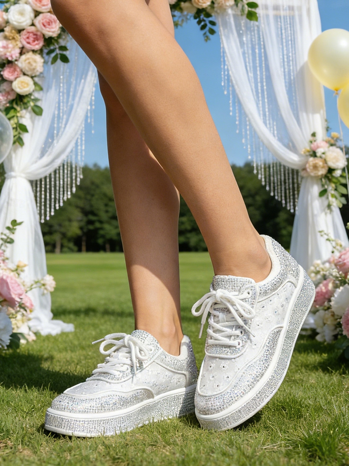 sneakers da sposa con plateau e strass argentati da donna: stile da sposa scintillante per matrimoni all'aperto in giardino del 2026 a $54.99 –P4
