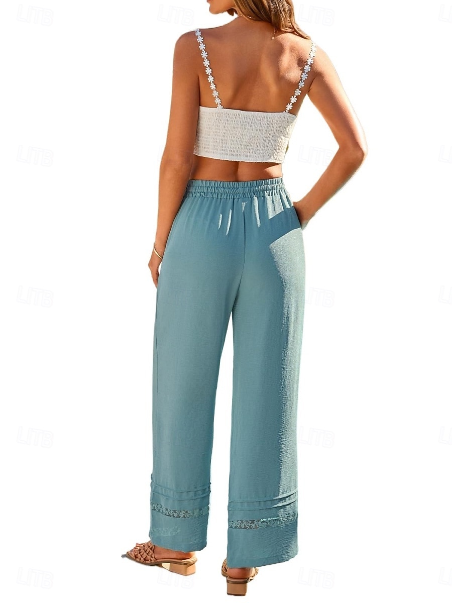 Women's Wide Leg Trousers Casual Pants Vacation Fashion Streetwear Full Length High Waist Plain Lace Elastic Waist Comfortable Breathable Inelastic Daily Vacation Street Black Almond Military Green 2026 - $29.99 –P16