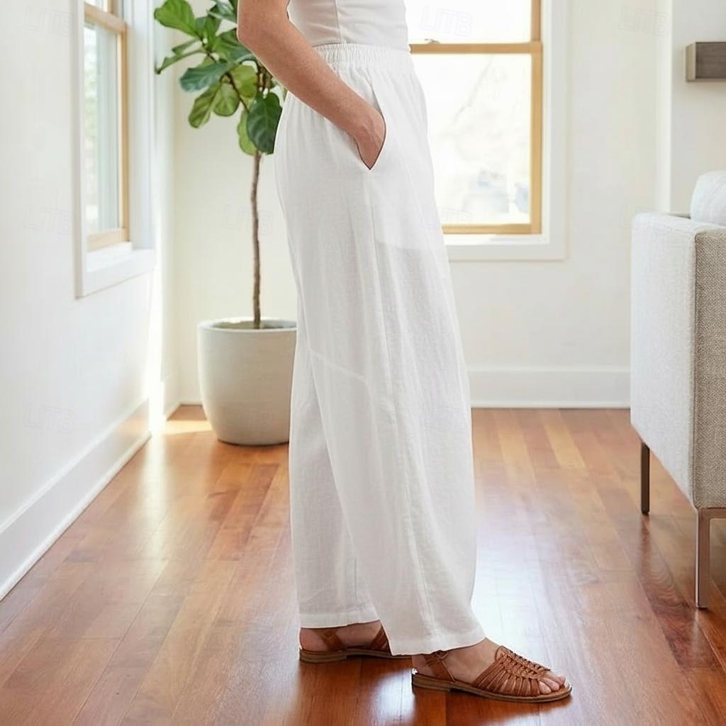 Dam Byxor av linne i bomull Kinesiska Sommarbyxor underbyxor Semester Streetwear Grundläggande Fullängd Medium Midja Slät Ficka Elastiskt midjeband Bekväm Komfort Microelastisk Dagligen Utomhus Gata 2026 - $49.99 –P19