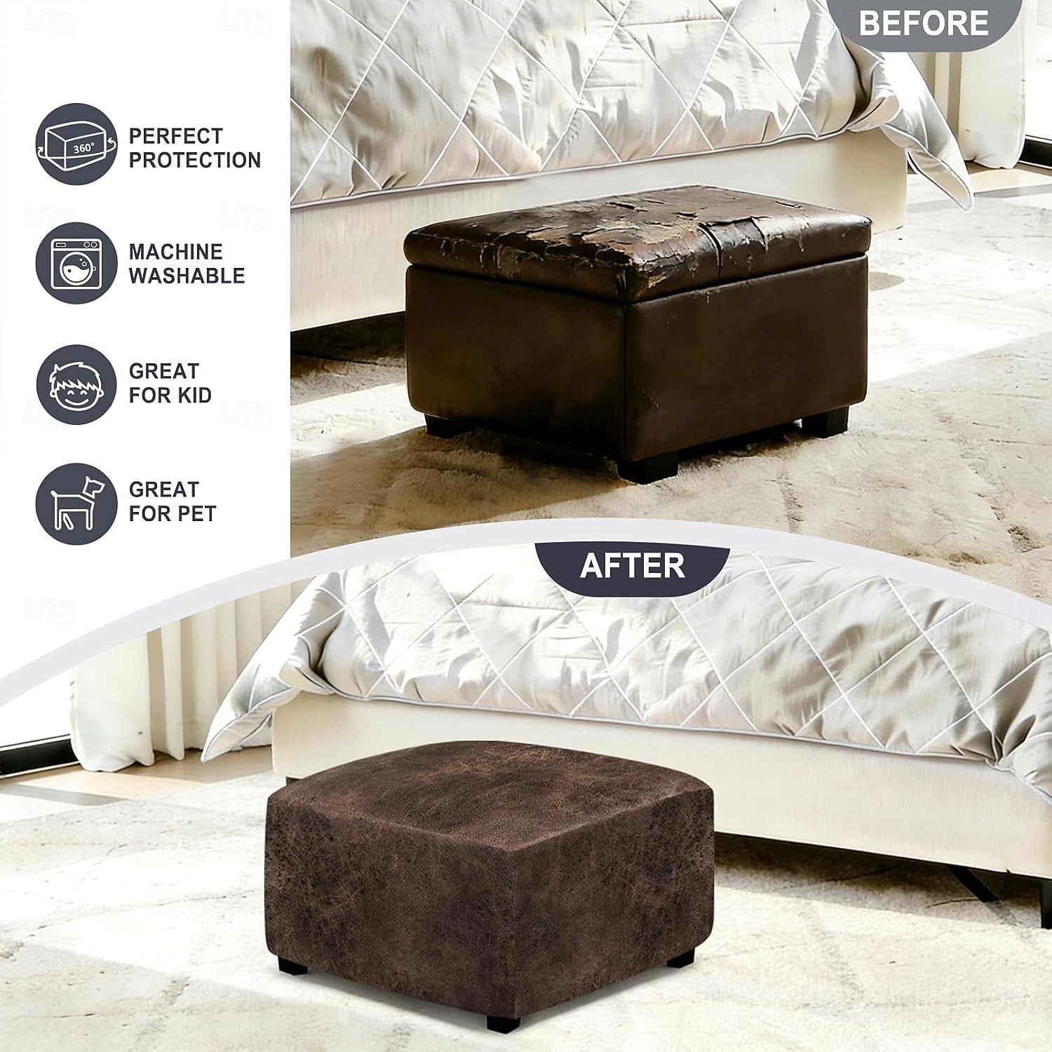 غطاء عثماني من جلد البولي يوريثان المقاوم للماء، أغطية كراسي مربعة صغيرة/كبيرة قابلة للتمدد، أغطية عثمانية مستطيلة الشكل بقاعدة مطاطية مانعة للانزلاق لمساند القدمين 2026 - $30.99 –P2