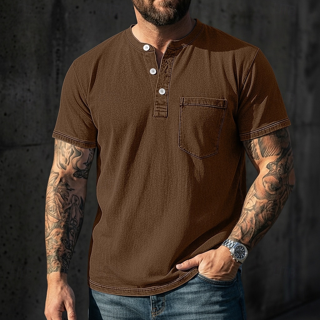 Pánské Tričko Henley Košile ze 100% bavlny Tričko Tričko Krátký rukáv Jednobarevné Retro Na běžné nošení Retro styl Barvení oděvů Vybledlý Henley Ležérní Léto Jaro Podzim Světlá růžová Šedá Tričko 2026 - $31.99 –P14