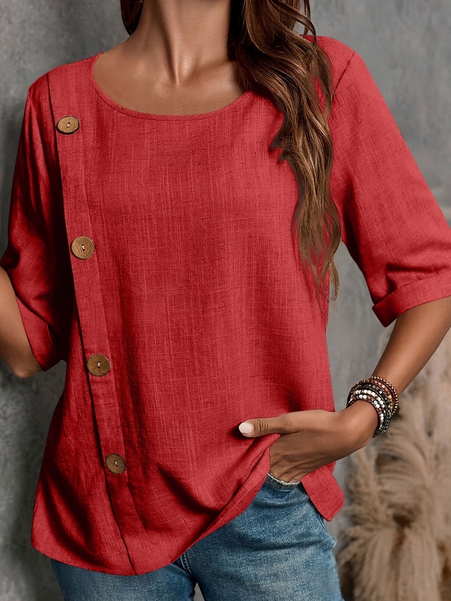 Damen Bluse Hemd aus Leinenimitat Knöpfe Einfarbig Stilvoll Basic Lässig Halbarm Rundhalsausschnitt Normale Oberteile Täglich Blau Schwarz Weiß Armeegrün Rote Sommer Frühling Herbst 2026 - $21.99 –P17