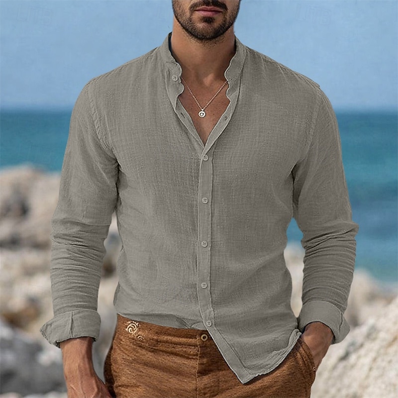 Homens Camisa Social Camisa de linho Camisa de colarinho chinês Camisa gola mandarim Camisa casual camisa de botão Tecido Streetwear Férias Azul Preto Branco Rosa Manga Longa colarinho do vovô de 2026 por $31.99 –P5