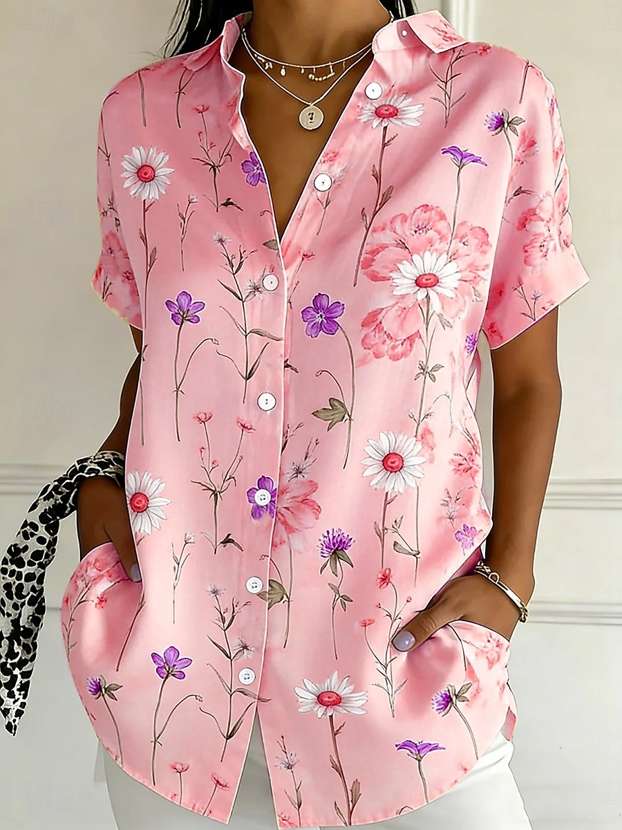 Γυναικεία Πουκάμισο Κουμπιά Στάμπα Φλοράλ Γραφική Βίντατζ Στυλάτο Μοντέρνα Κοντομάνικο Κολάρο Πουκαμίσου Κανονικά μπλουζάκια Καθημερινά Θαλασσί Κίτρινο Ανθισμένο Ροζ Βυσσινί Πράσινο του τριφυλλιού 2026 - $26.99 –P4