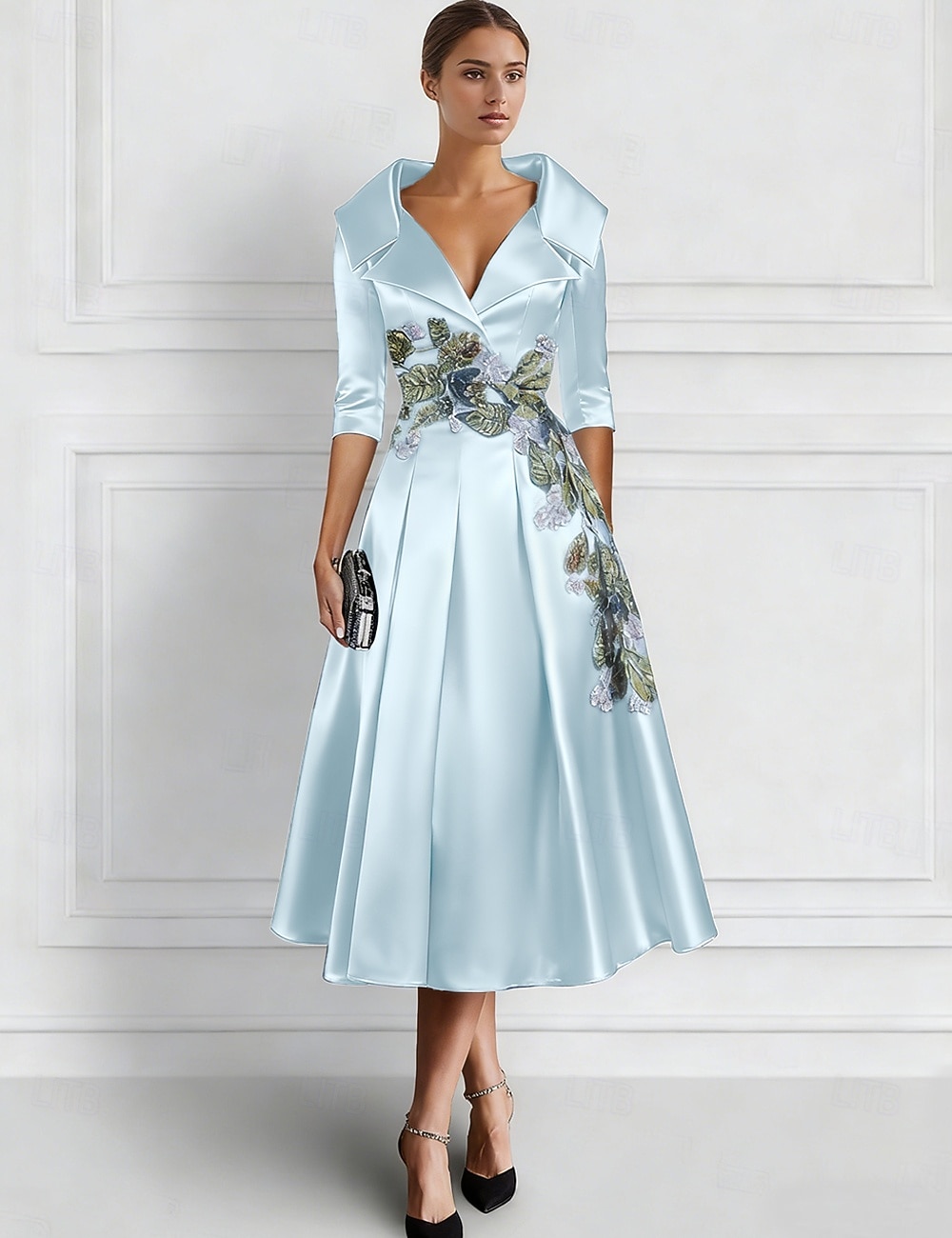 Corte A Vestidos Vestido Midi Bordado con cuentas Vestido formal Vestido de madre de la novia Vestidos de coctel Vestidos de fiesta Elegante Vintage Media Manga Cuello Camisero Formal Invitado a la 2026 - $195.99 –P6