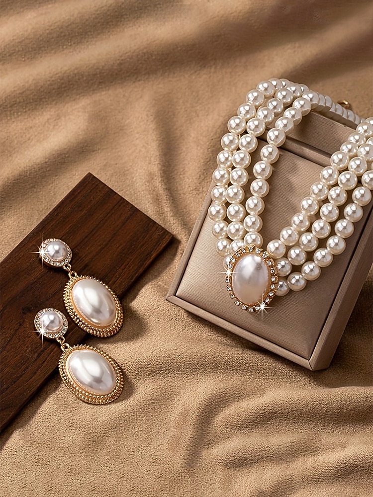 Женский комплект из ожерелья и сережек из искусственного жемчуга, винтажное элегантное многослойное колье-чокер с овальным кулоном, классические свадебные украшения для свадьбы, вечерних вечеринок и торжественных мероприятий. 2026 - $11.99 –P5