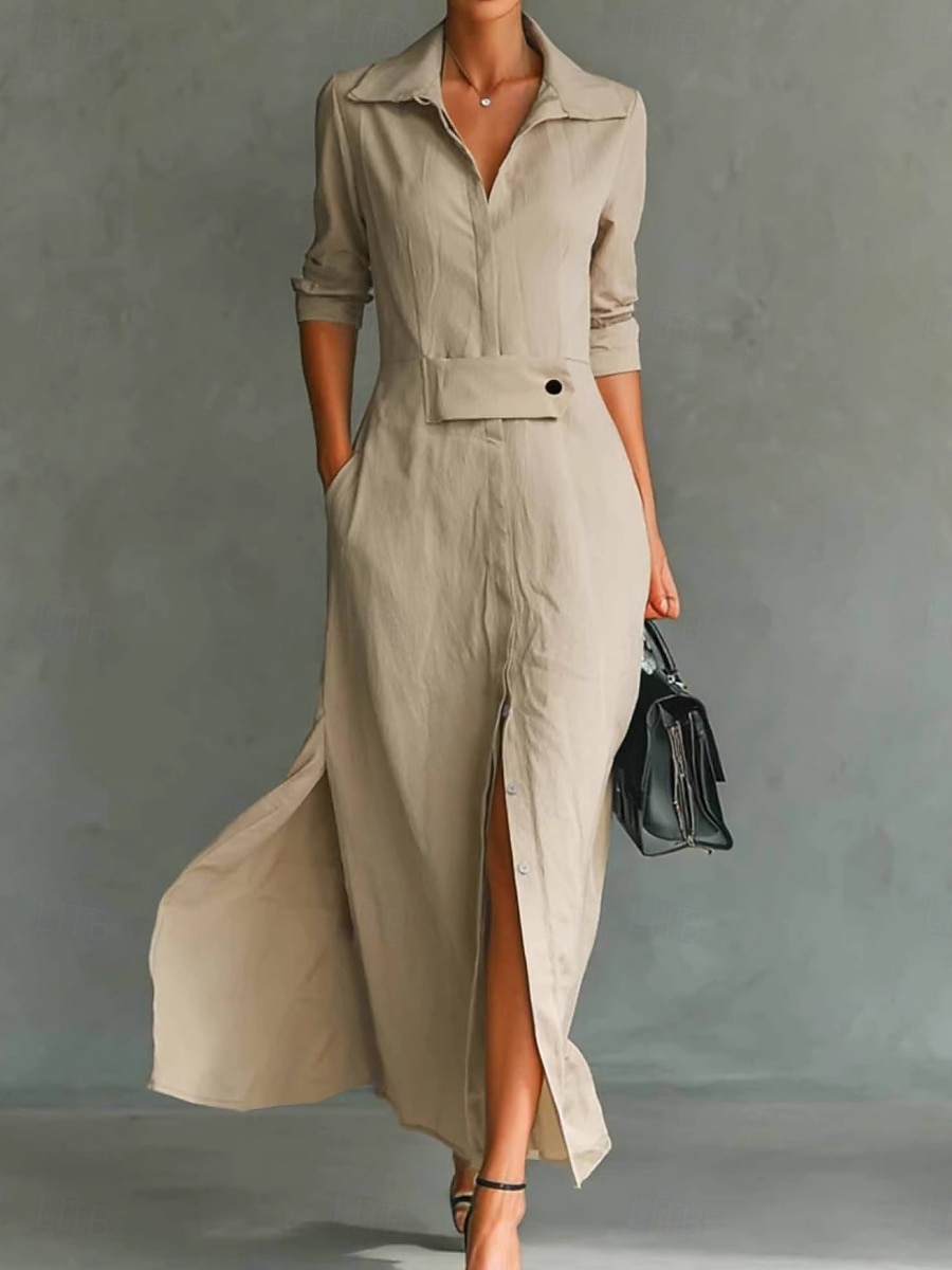 Women's Maxi Dress Shirt Dress White Dress Casual Dress Work Dress Elegant Fashion Modern Daily Office Regular Fit Plain Long Sleeve Shirt Collar Blue Black White Pink Summer Spring 2026 - $25.99 –P2