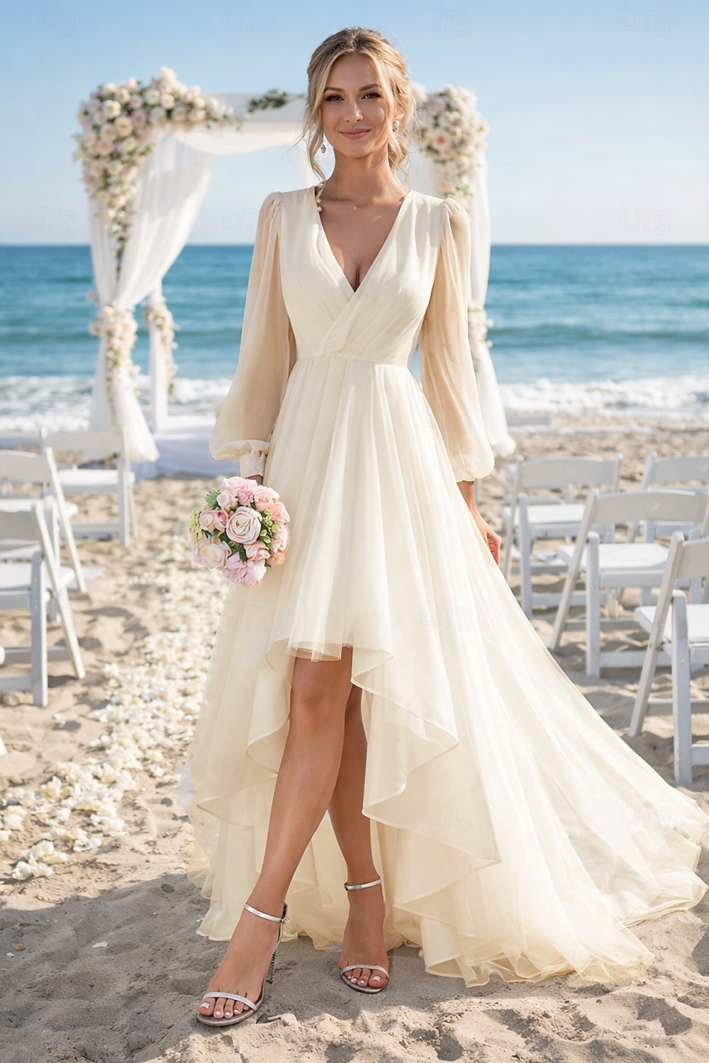 Matrimonio sulla spiaggia addio al nubilato piccolo abito bianco abiti per addio al nubilato abiti da matrimonio A-Line scollo a V manica lunga asimmetrico chiffon abiti da sposa con colore solido del 2026 a $149.99 –P4