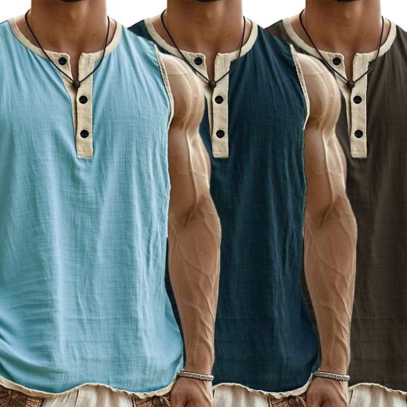 3-delt flerpakning singlet for menn, singlet, ermeløs, henley-skjorte, sommer, enkel, motedesigner, enkel, avslappet, ferie, gate, abc-topp, t-skjorte for menn 2026 - $37.99 –P12