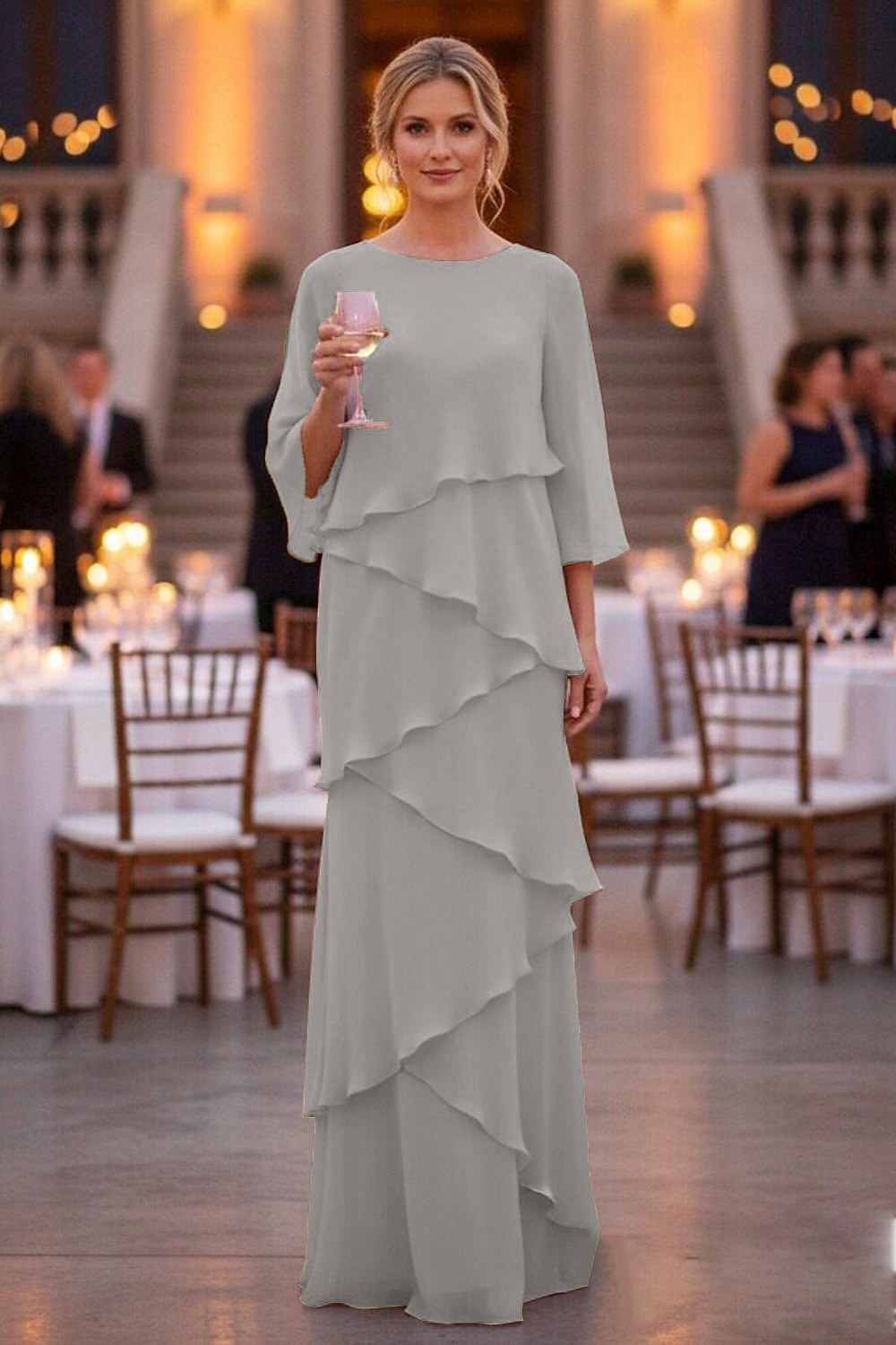 Schlauchkleid Bodenlang Kleid für Hochzeitsgäste Abendkleid Brautmutterkleid Dreiviertelarm Rundhalsausschnitt Elegant Formell Chiffon mit Rüschen 2026 - $89.99 –P12